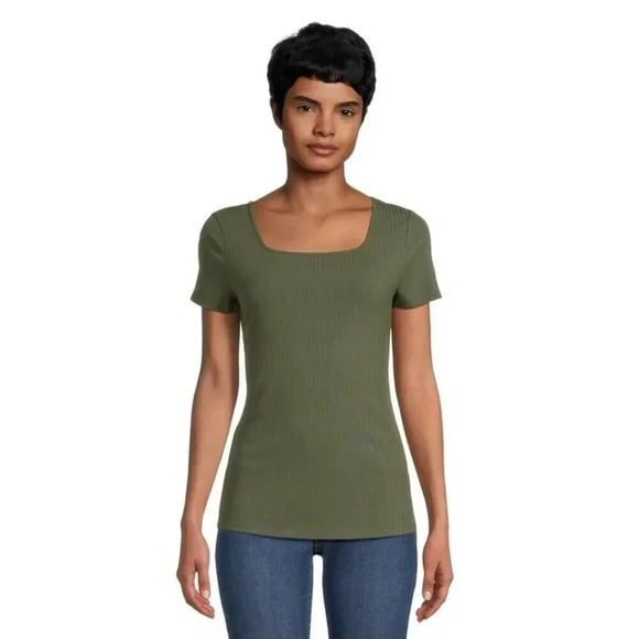 Time and Tru Olive Green Ribbed Square Neck Short Sleeve Top XXL - Picture 1 of 5